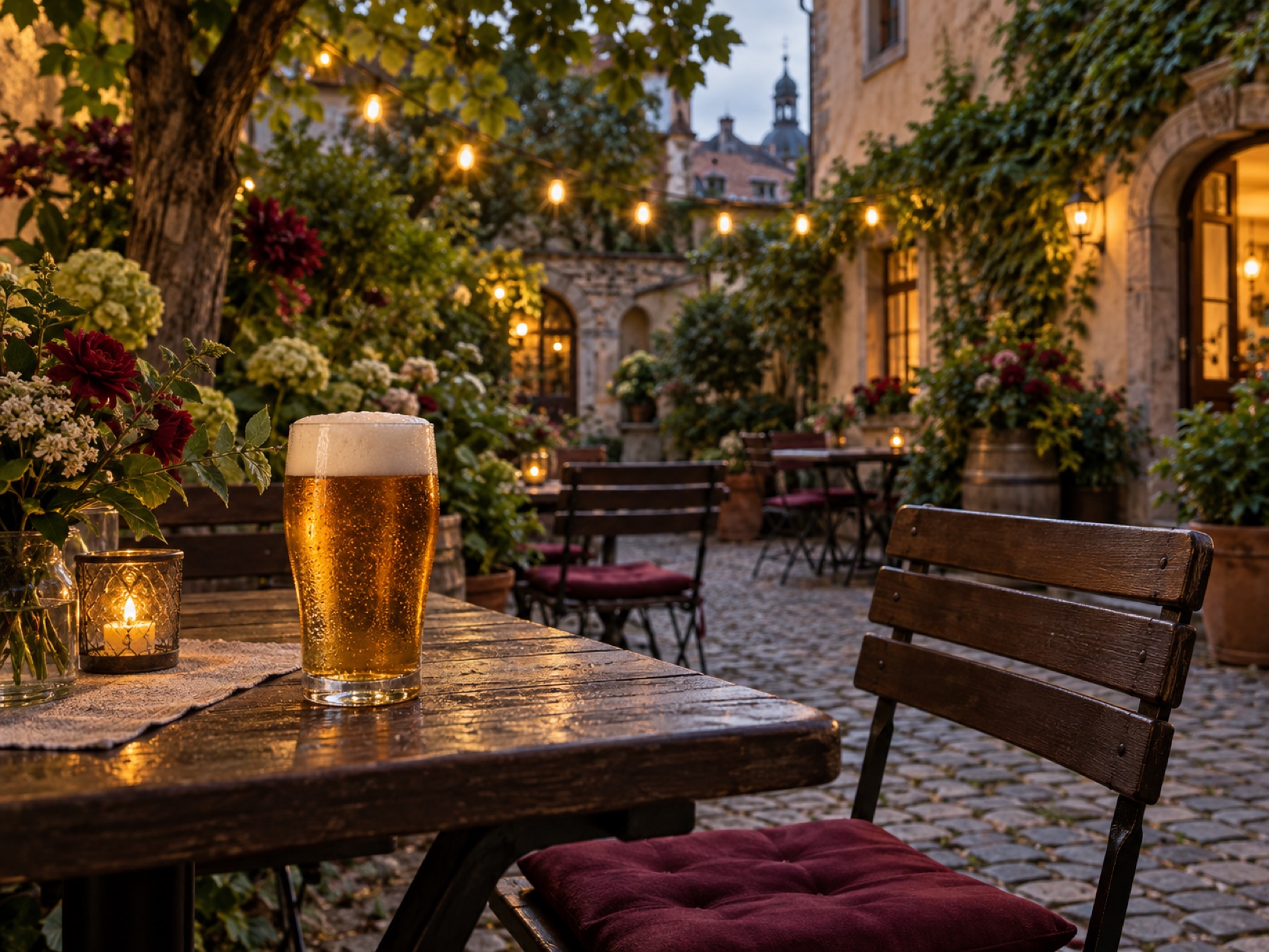 Sommerliche Illustration eines gemütlichen Biergartens