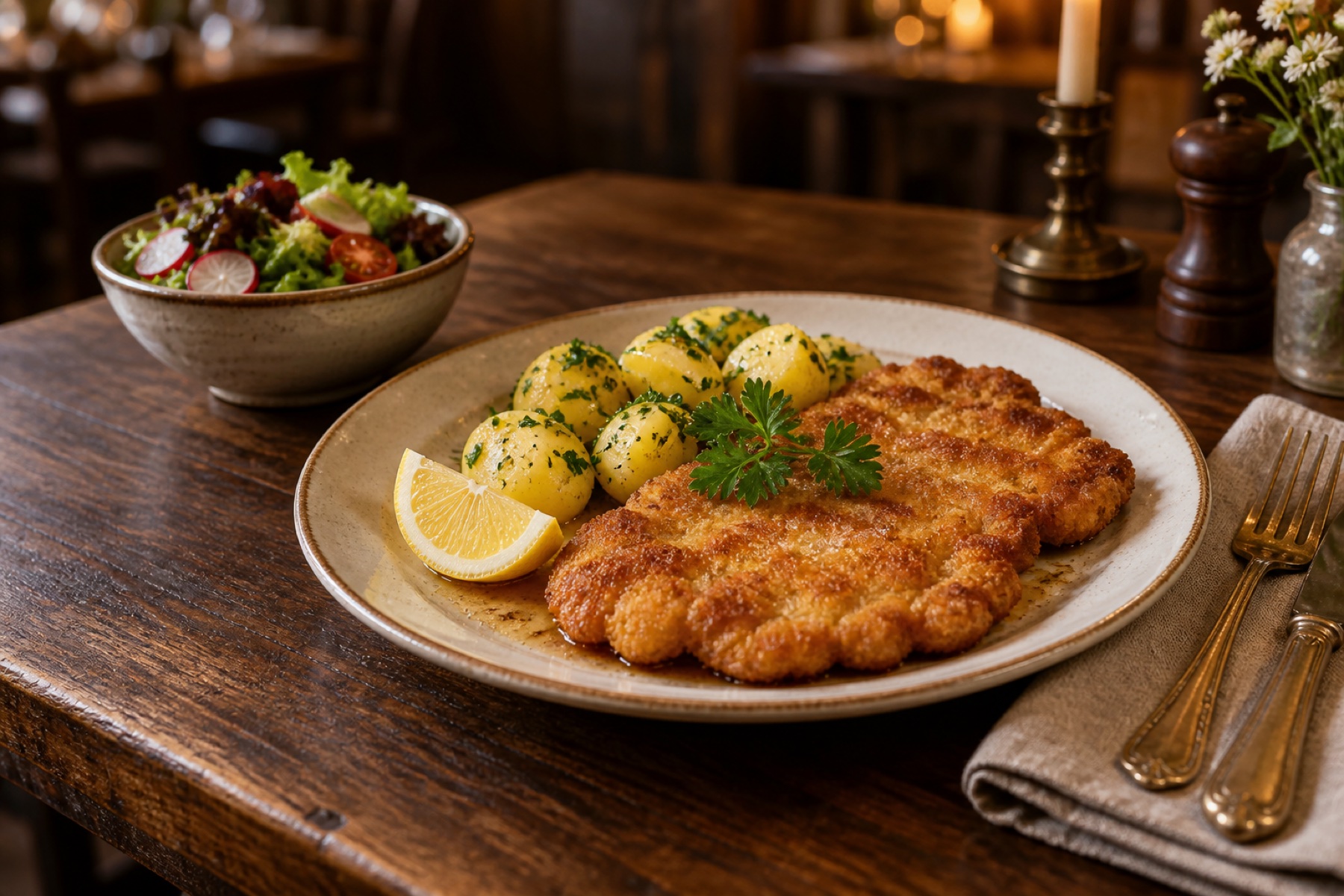 Serviervorschlag eines klassischen Schnitzelgerichts mit Kartoffeln und Salat